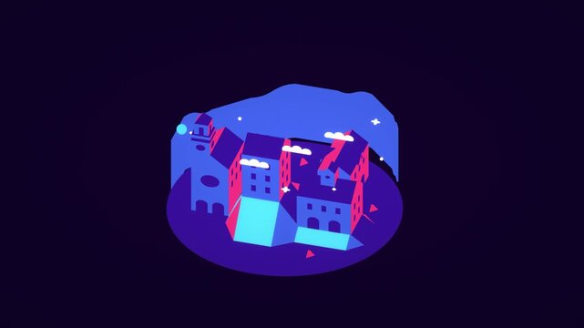 Miniature town houses glow beneath vibrant aurora lights in a colorful 3D animation for fantasy games and creative night backgrounds