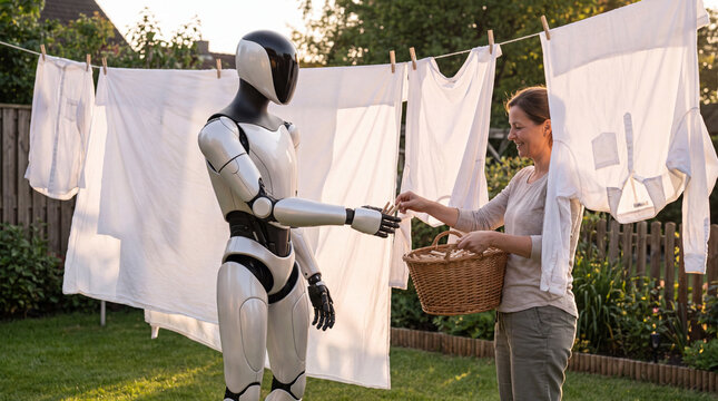 Future Household Helper: A woman and a futuristic android collaborate on a sunny day to hang laundry in a backyard, symbolizing the integration of technology into daily life.