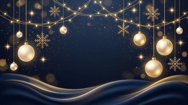 Golden Christmas ornaments and snowflakes on black background