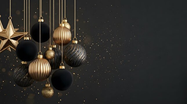 Gold and black Christmas ornaments hanging on dark background
