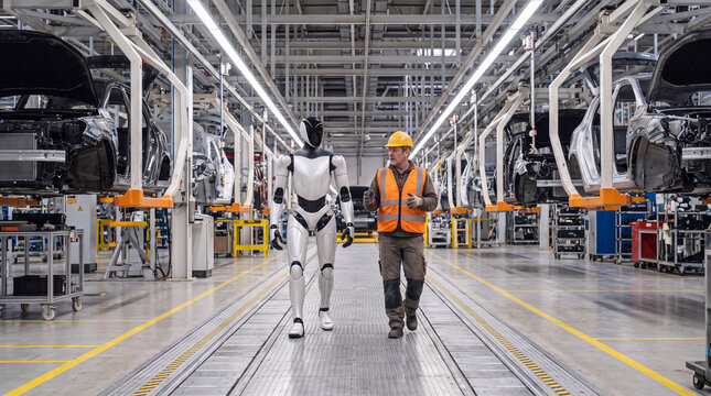 Future of Manufacturing: A human worker and a sophisticated robot walk together on the factory floor, symbolizing the integration of automation and human expertise in modern industrial production.