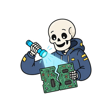 Skeleton character in hoodie inspecting broken circuit board with flashlight cartoon illustration