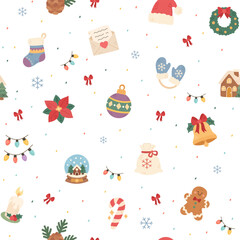 Naklejka premium Christmas seamless pattern set featuring stocking letter bell poinsettia garland mittens house ball sack candle candy cane gingerbread character snow