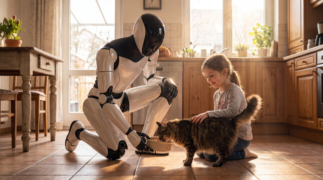 Future Companionship: A modern robot and a young girl share a tender moment, petting a cat in a sun-drenched kitchen, symbolizing a harmonious blend of technology and everyday life.