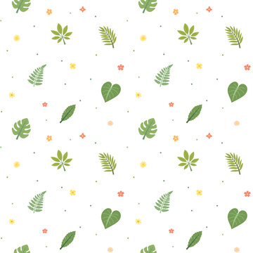 Tropical leaf seamless pattern set featuring fern palm schefflera elephant ear flowers blossoms petals dots foliage fronds stems plants repeat
