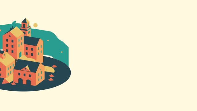 Stylized isometric buildings rotate smoothly in a vibrant 3D animation with pastel terracotta tones and generous copy space for modern title sequence design