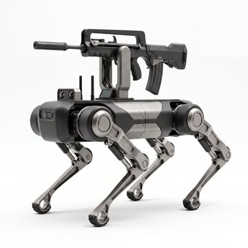 Armed quadruped robot dog with mounted assault rifle on white background military technology concept