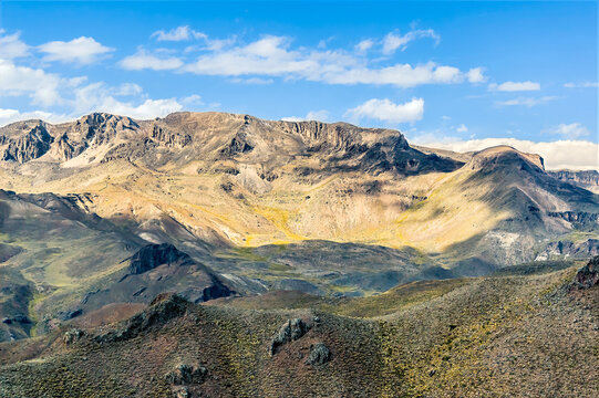 A view of rugged, high altitude landscape in the Andes Mountains in southern Peru in the dry season