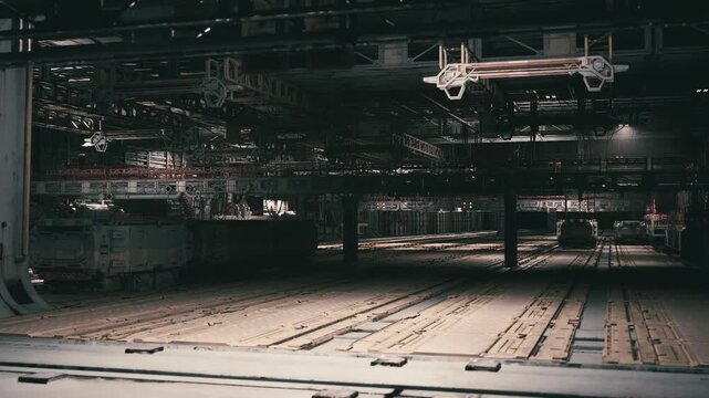 A vast industrial warehouse features large storage areas filled with equipment and machinery. Shadows dominate the scene, highlighting the spaciousness of the environment.
