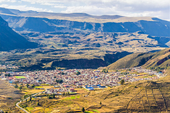 A view over the town of Chivay located in the Colca Valley of the Arequipa region in southern Peru in the dry season