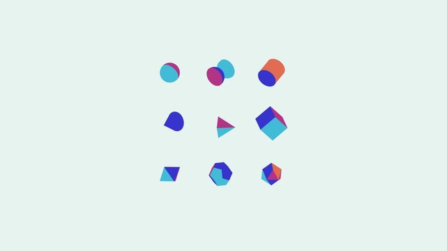 Geometric colorful polyhedra rotate in a balanced 3D animation grid with bright multi-color facets over a minimal background for creative motion graphics