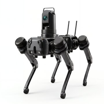 Black quadruped robot dog with elevated camera sensor tower and dual antennas on white surface