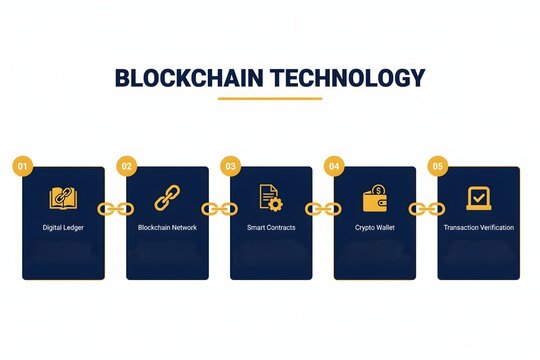 Blockchain Technology Infographic with Connected Data Blocks and Digital Icons