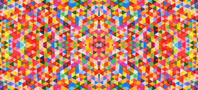 Vibrant geometric pattern featuring colorful triangles arranged in a complex symmetrical digital art mosaic style design