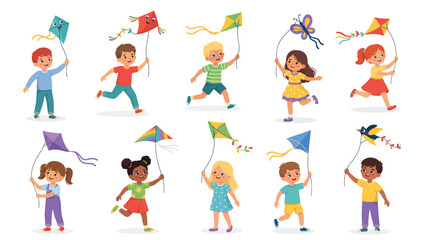 Fototapeta premium Cute Kids Flying Kites Vector Set, Cartoon Children Playing Outdoors Clipart Elements