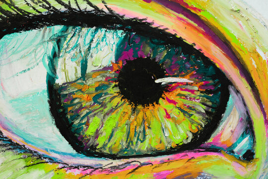 Colorful oil pastel close-up of a girl's eye with vibrant details