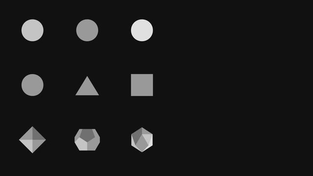 Low poly geometry rotates in a monochrome 3D animation grid featuring faceted white and gray polyhedral shapes on a black background for tech title sequences