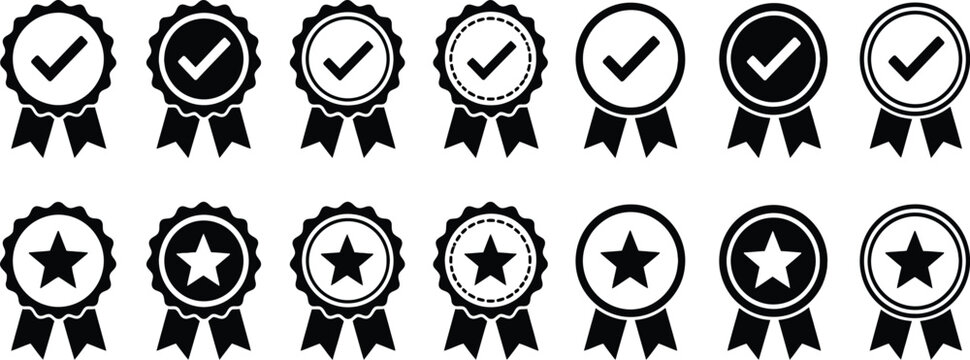 Set of Black Ribbon Award Seals with Checkmarks and Stars