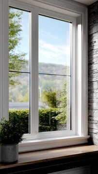 Bright modern window with clear glass overlooking a lush garden and scenic hillside, featuring a cozy wooden windowsill and stone textured wall interior design