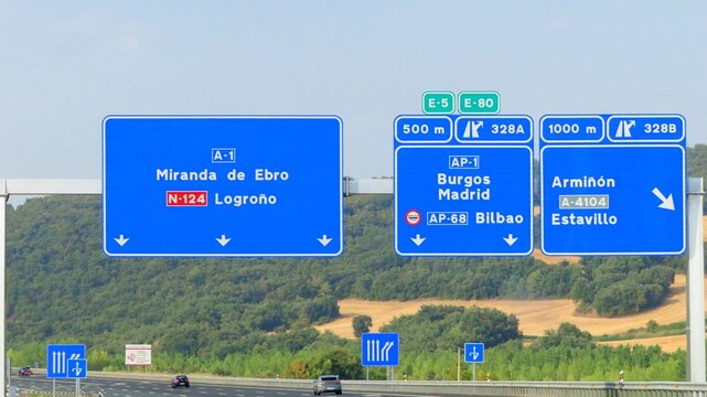 A road sign on the A-1 motorway in Spain, indicating directions to Logro&ntilde;o and exit 328A for Burgos, Madrid and Bilbao, as well as exit 328B for Armi&ntilde;&oacute;n.August 12, 2026