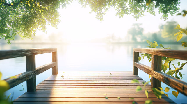 Peaceful Wooden Dock by Calm Lake in Soft Morning Light