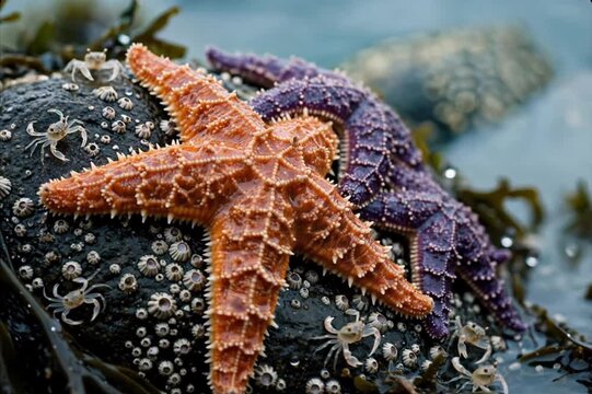 Two colorful pisaster ochraceus sea stars resting on a dark wet rock covered with barnacles and tiny crabs in a tide pool environment