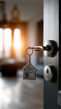 Key with charming house-shaped keychain in lock of open door symbolizing new home and warm sunlight entering living room in background
