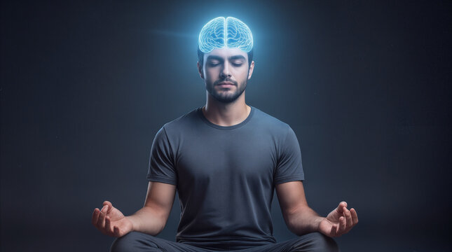 Meditating adult man with glowing digital brain visualization. Mindfulness and cognitive enhancement concept in dark studio setting.