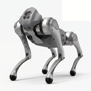 Silver metallic quadruped robot dog with multi lens camera head in dynamic walking pose