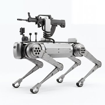Silver robot dog with mounted assault rifle and multiple antennas in three quarter side view