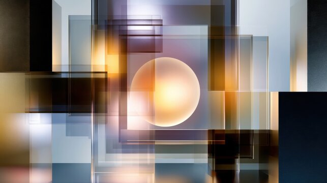 Abstract geometric composition featuring layered translucent rectangles and a glowing spherical orb in warm and cool tones creating a modern artistic design