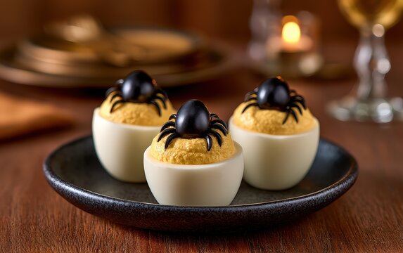 Halloween-themed Deviled Eggs with Spider Decoration on a Wooden Table