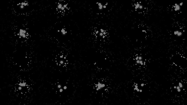 Geometric particle clusters pulse and orbit across a dark digital grid in a clean 3D animation loop suited for abstract science visualizations and tech backdrops