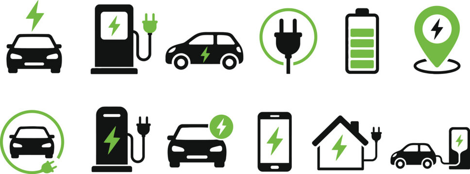 Set of Electric Vehicle and EV Charging Vector Icons