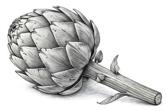 Artistic black and white illustration of an artichoke with stem and leaves