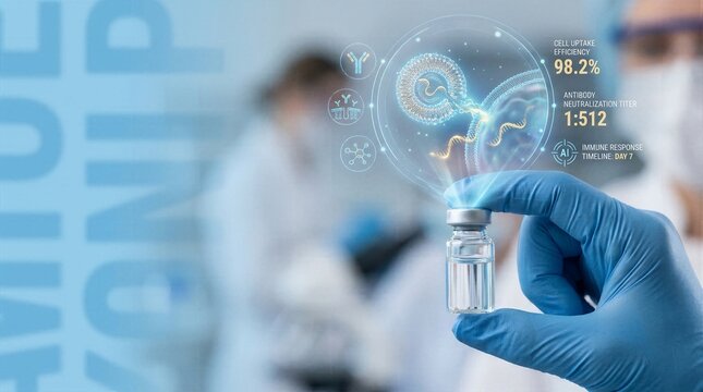 Pharmacologist holding vaccine vial projecting holographic lipid nanoparticle delivery system and antibody neutralization titer metrics for immunology