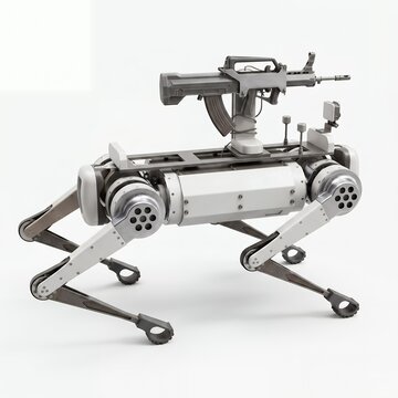 Silver quadruped combat robot with rifle and camera systems facing slightly right on white