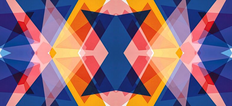 Vibrant geometric abstraction featuring overlapping triangles in bright shades of blue orange pink and yellow colors