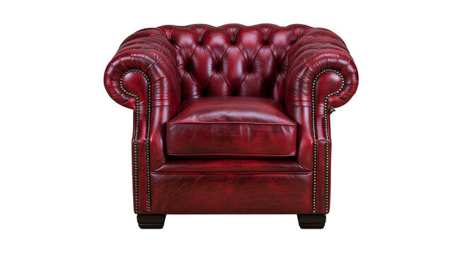 Deep red leather chesterfield armchair with button tufting, isolated on transparent background
