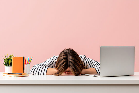 A tired woman resting her head on her desk, face hidden beneath her long brown hair, near a laptop and a notebook.