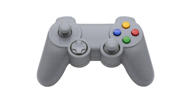 Gray video game controller with colorful buttons, isolated on transparent background