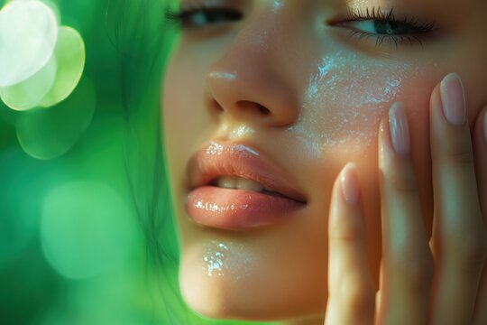 Close-up of fingers gently smoothing moisturizer onto a woman's cheek. Her glowing skin reflects the light.