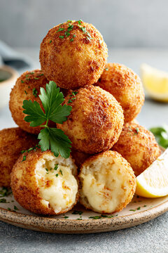 A stack of golden-brown, freshly fried Spanish croquetas piled on a rustic plate, with a sprig of parsley and a wedge of lemon.