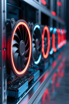 Industrial computer server rack filled with graphic processing units, a row of GPU fans with LED lights.