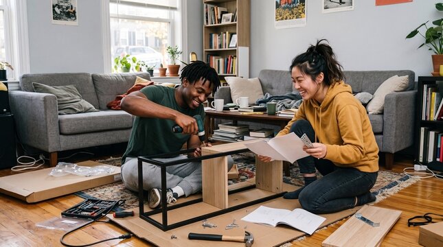 Roommates assembling furniture together in a modern apartment