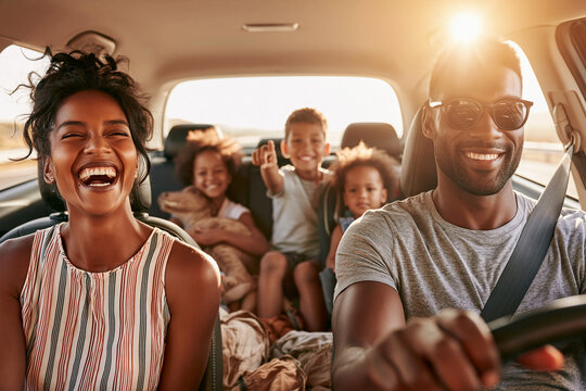 A wide angle shot captures a family of five on a road trip inside a moving SUV, having a great time, laughing.