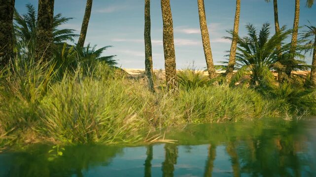 Lush greenery surrounds a serene water body, reflecting palm trees under a clear blue sky. The landscape showcases rich vegetation and a calm atmosphere.