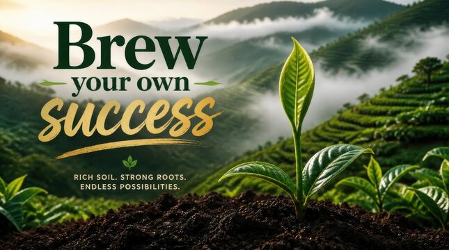 Close-up of a young tea plant sprout in fertile soil with lush terraced tea plantations on misty mountains in background, featuring motivational text "Brew your own success".