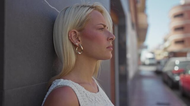 Woman leans against tiled wall showing bare shoulder and large gold hoop earring while gazing forward on a street; quiet contemplation reflection.