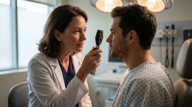 Doctor Examining Patient's Eye With Ophthalmoscope During Routine Medical Checkup